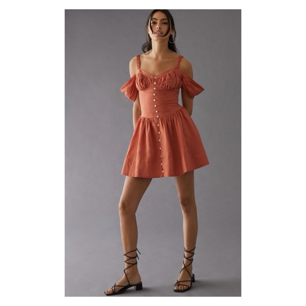 NWOT Anthropologie Off The Shoulder Linen Buttondown Mini Dress  Size Small